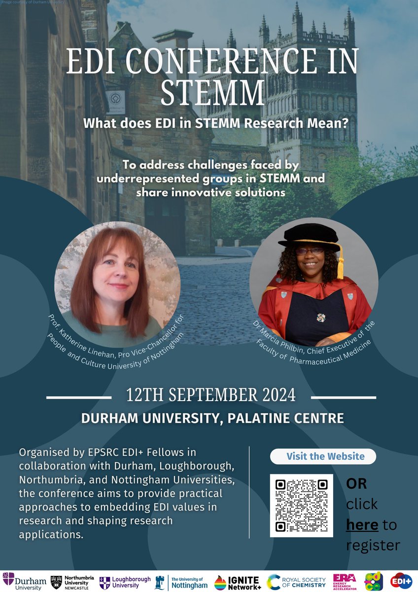 🌟 Join us for an inspiring EDI in STEMM Conference!🌟
📅 Date: 12th September 2024
📍 Location: Durham University and online

Explore "What Does EDI in Research Mean?"
By EPSRC EDI+ Fellows from Durham, Nottingham, Loughborough, and Northumbria universities.