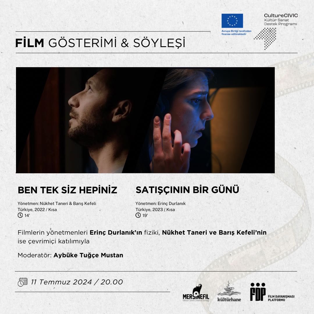 Perşembe akşamı (11 Temmuz) saat 20.00’da kısa film akşamımıza herkesi bekliyoruz. “Ben Tek Siz Hepiniz” ve “Satışçının Bir Günü” filmleri <a href="/Kulturhanemiz/">Kültürhane</a>’de gösterilecek. Sonrasında <a href="/erincdurlanik/">E.D</a> ile fiziki, <a href="/nukhettaneri/">Nükhet Taneri</a> ve Barış Kefeli ile online olarak söyleşi yapacağız! 🎬🎤