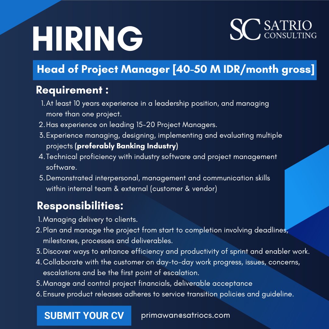 primawansatrio's tweet photo. 🚨🚨 URGENT HIRING 🚨🚨

One of my clients in Jakarta are looking for Head of Project Manager, and IT Sales Manager.
Those roles are permanent, you will need to work in the office on Monday-Friday from 9-5.

If you are interested, please send a resume to primawan@satriocs.com.
Email subject: Applying for [job role] - [your name]
E.g: Applying for Head of Project Manager - Primawan

@hrdbacot @ezash
Mohon bantuannya untuk repost 🙇🏻‍♂️