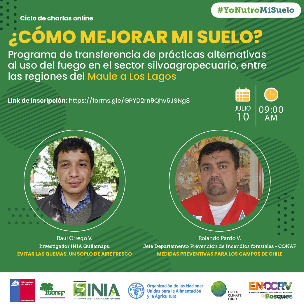 conaf_minagri's tweet photo. 🟢Mañana miércoles 10 de julio se realizará charla online "¿Cómo mejorar mi suelo?", organizada por #CONAF e @iniachile 

➡️Jefe Depto. Prevención de Incendios, Rolando Pardo expondrá "Medidas preventivas para los campos de Chile".

Enlace de inscripción👇
https://t.co/JND7H4TWZ0 https://t.co/i013SZs1I5