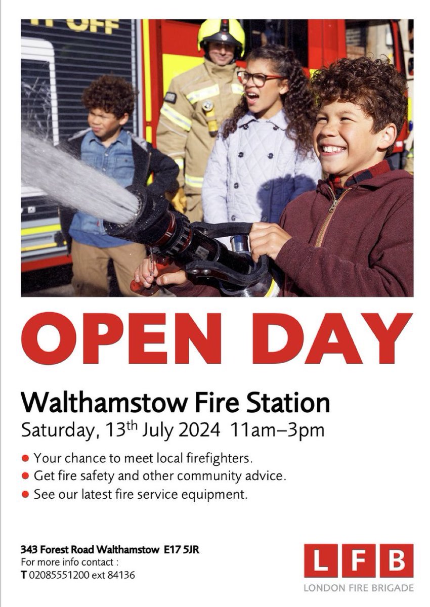 Walthamstow FS open day this Saturday. 11am - 3pm. Come along and meet the duty crew, see the fire engines that are keeping you safe and so much other stuff packed into the day. <a href="/LondonFire/">London Fire Brigade</a> #walthamstow <a href="/wfcouncil/">Waltham Forest Council</a> <a href="/WFEcho/">Waltham Forest Echo</a>