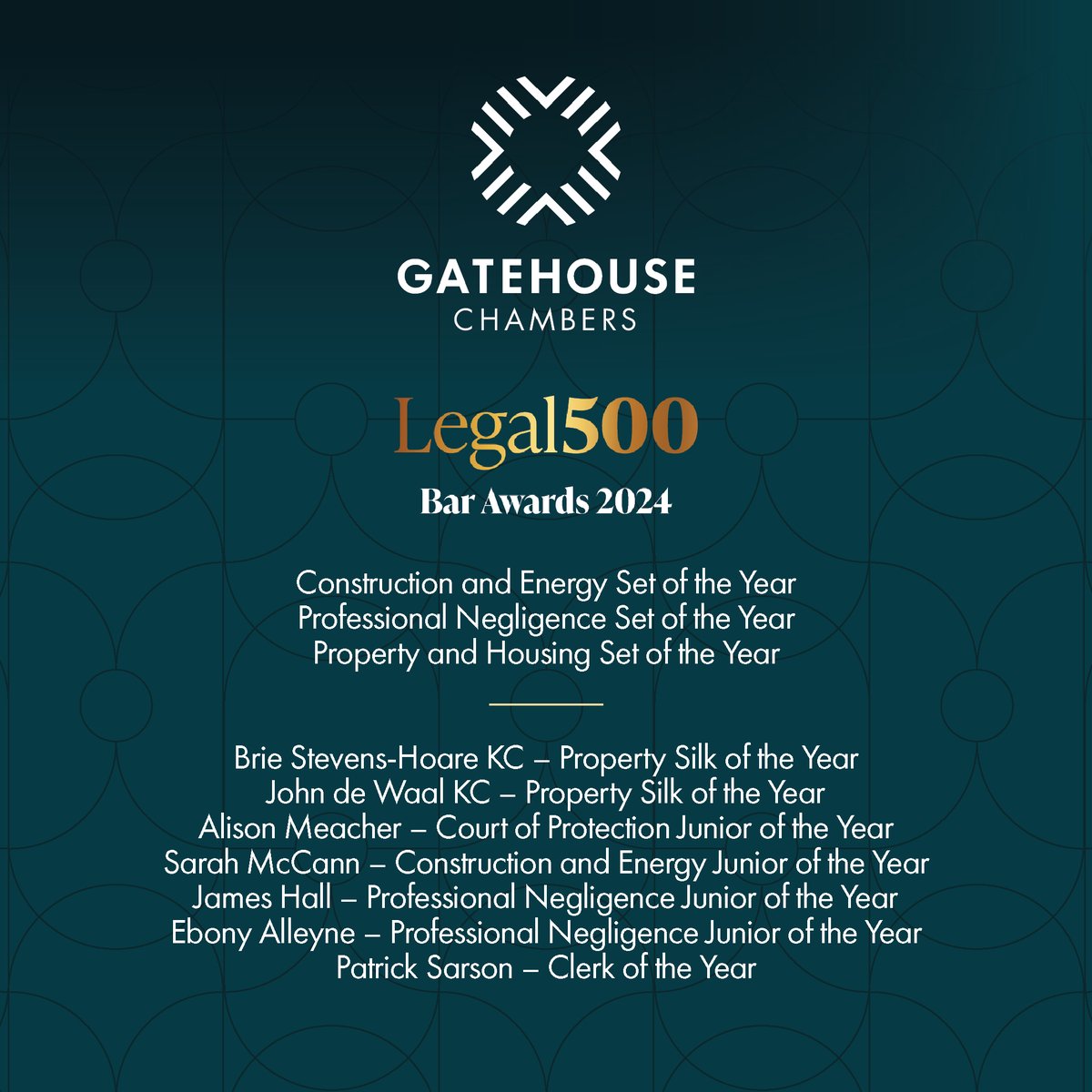 We're delighted to announce that Gatehouse Chambers has been shortlisted in 10 categories in this year's Legal 500 Bar Awards 👏 gatehouselaw.co.uk/gatehouse-cham…