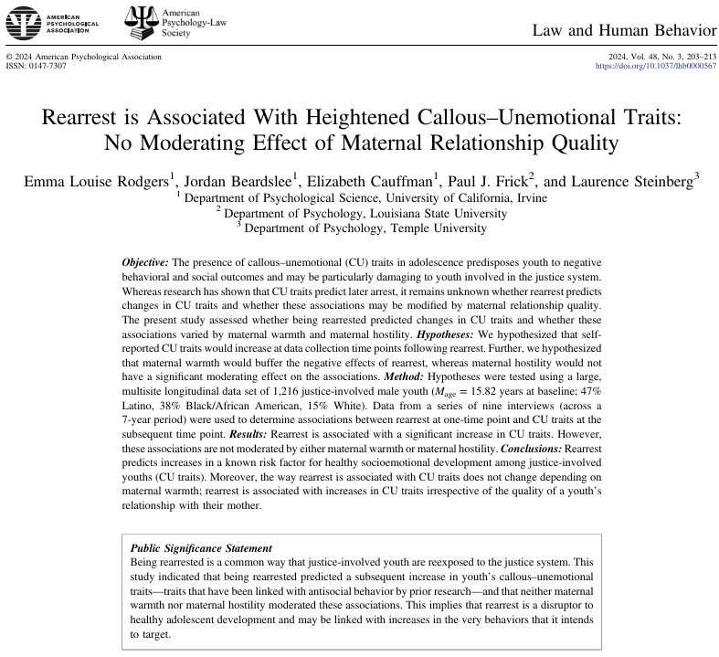 Psychopathy Society (@ssspsychopathy) on Twitter photo Being rearrested predicted increased callous-unemotional traits among adolescent boys involved in the legal system. Neither maternal warmth nor hostility moderated this relationship
Rogers, Beardslee, <a href="/EECauffman/">Elizabeth Cauffman</a>, Frick, & <a href="/ldsteinberg/">Laurence Steinberg</a>
doi.org/10.1037/lhb000… Being rearrested predicted increased callous-unemotional traits among adolescent boys involved in the legal system. Neither maternal warmth nor hostility moderated this relationship
Rogers, Beardslee, <a href="/EECauffman/">Elizabeth Cauffman</a>, Frick, & <a href="/ldsteinberg/">Laurence Steinberg</a>
doi.org/10.1037/lhb000…