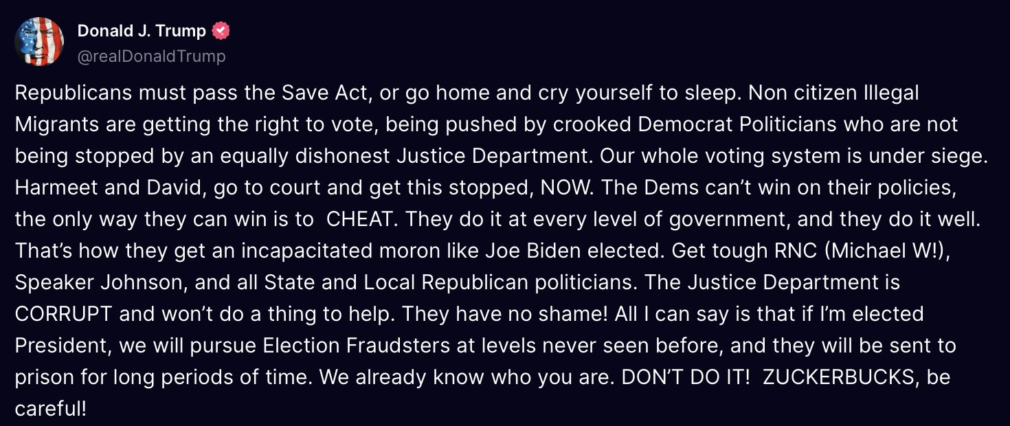<strong>De ser reelegido, Trump prometió perseguir y encarcelar a CEO de Meta. Captura: Donald Trump (Truth Social)</strong>   
