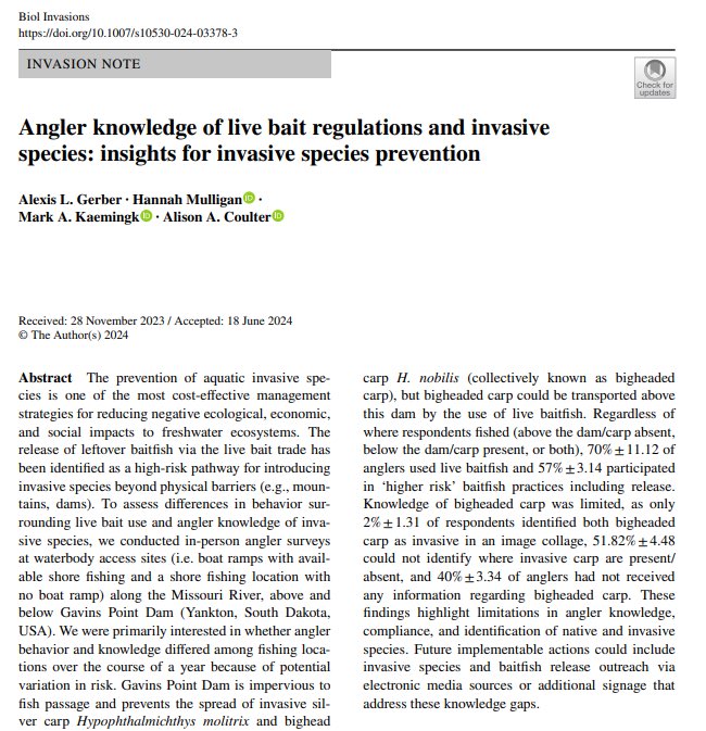 Hannah Mulligan (@mullyfish) on Twitter photo ✨NEW PUBLICATION ALERT✨
We found that anglers participate in risky behaviors when disposing of leftover baitfish and have limited knowledge of bigheaded carp.
<a href="/AlexisGerber02/">Alexis Gerber</a> <a href="/SDSUFishEcology/">Alison Coulter</a>
link.springer.com/article/10.100… ✨NEW PUBLICATION ALERT✨
We found that anglers participate in risky behaviors when disposing of leftover baitfish and have limited knowledge of bigheaded carp.
<a href="/AlexisGerber02/">Alexis Gerber</a> <a href="/SDSUFishEcology/">Alison Coulter</a>
link.springer.com/article/10.100…