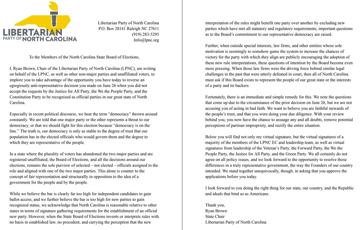 LPNC's tweet photo. Today, State Chair of the @LPNC, @RyanBrownNC, sent this email to the North Carolina State Board of Elections, @NCSBE.
We call on the Board of Elections to certify the applications for the three new parties, as they are required to do.
#ncpol
https://t.co/OkwHvrgDPy https://t.co/R2IyxEmyhD