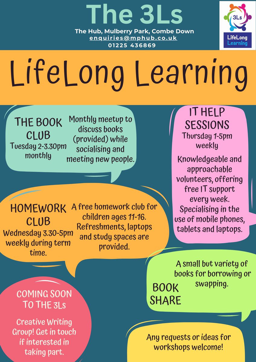 See what all the 3Ls has to offer at The Hub!!

Homework Club during term time on a Wednesday.

IT help sessions every Thursday by appointment.

A monthly Book Club that meets on a Tuesday.

The Hub also has a  book share.

Want to learn more?

contact enquiries@mphub.co.uk
