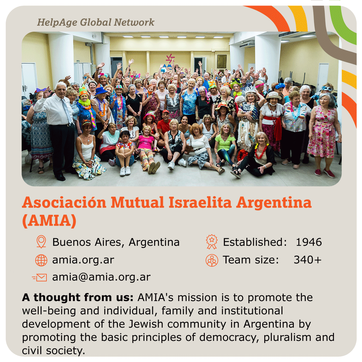 HelpAge's tweet photo. 🌍 Discover #HelpAgeNetwork member: Asociación Mutual Israelita Argentina @InfoAMIA 🇦🇷
They empower #OlderPeople to stand for their rights.
Learn more: https://t.co/3yyrJ8Es9y
Follow us for more #HelpAgeNetwork cards and collect them all!
#partnerships https://t.co/IcjHhQ3Tte