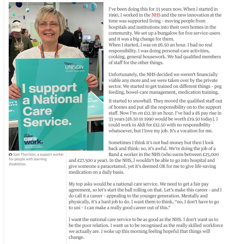 Here is Sam Thornton, one of our brilliant <a href="/unisontheunion/">UNISON - UK's largest union</a> care worker members in today's Guardian, talking about a Fair Pay Agreement and a National Care Service