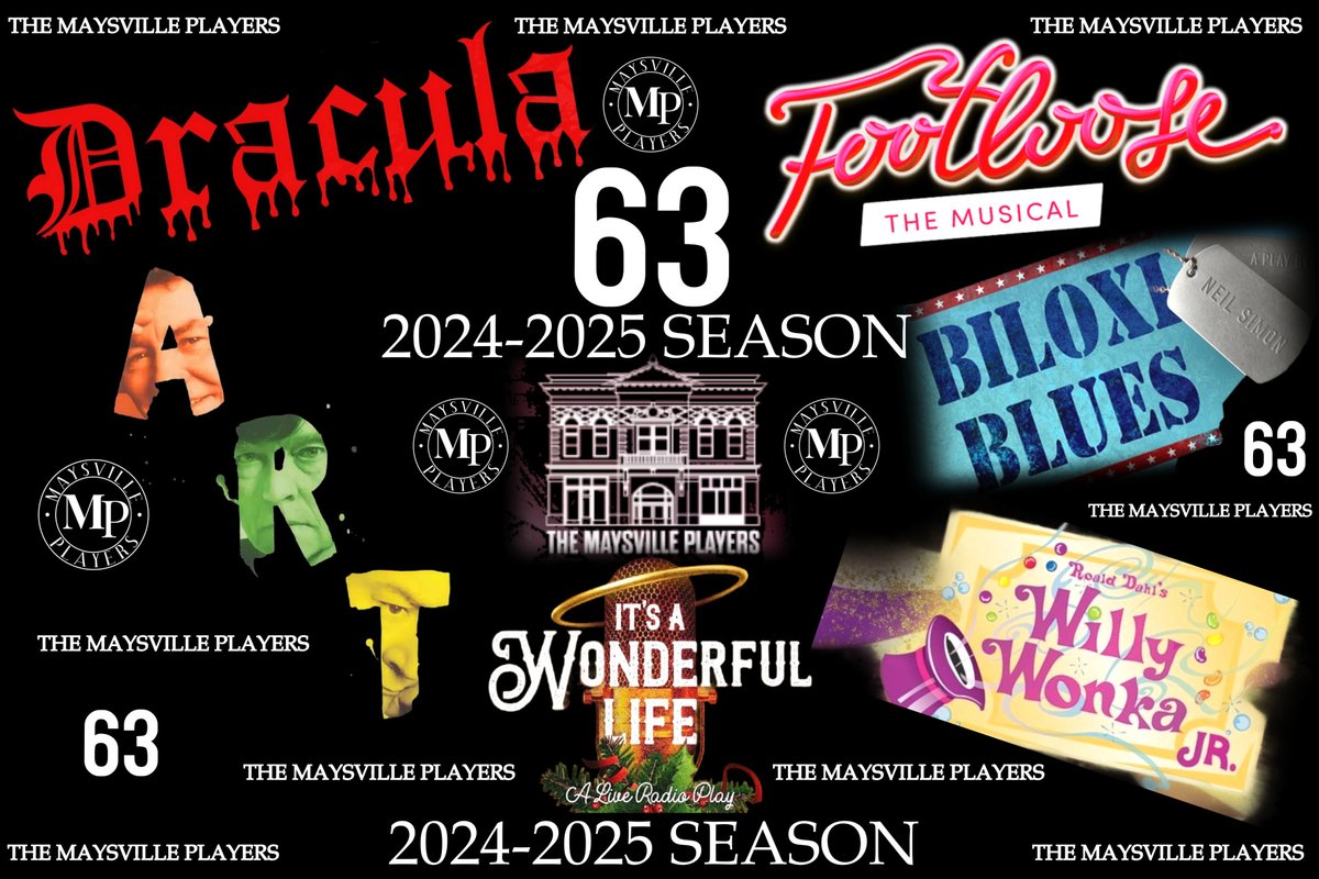 MaysvilleActs's tweet image. 🎭 Announcing the Maysville Players' 𝟔𝟑𝐫𝐝 Season! 🎉
Dracula 🧛‍♂️
Footloose the Musical 💃🕺
It's a Wonderful Life 🎄
Willy Wonka Jr. 🍫
ART 🎨
Biloxi Blues 🌟
📞 606-564-3666 📧 MaysvilleActs@gmail.com 🌐 maysvilleplayers.net
#LiveTheater #SupportLocalTheater #Retweet