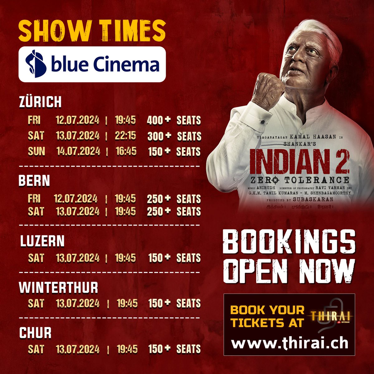 thirai_ch's tweet photo. 🎬 'Indian 2' is hitting Bluecinema theatres across Switzerland soon!📽️🇨🇭 

Tickets Bookings are open now at https://t.co/fuo8kvVljc 🎟️ Check out our post for all the details and Secure your seats for this blockbuster at your nearest cinema. Don't miss out! 🌟 https://t.co/kgVNE2EPvF