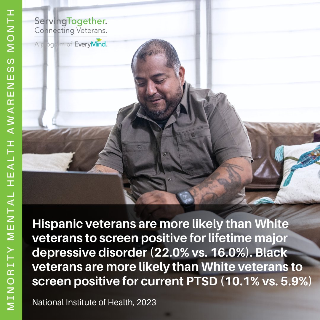 ServingTogether's tweet photo. July is Minority Mental Health Month. It's an important time to reflect on how mental health challenges may differ for minority veteran populations. If you or someone you know would like to be screened and find mental health resources, get connected through the link in our bio https://t.co/phCibGIEhk