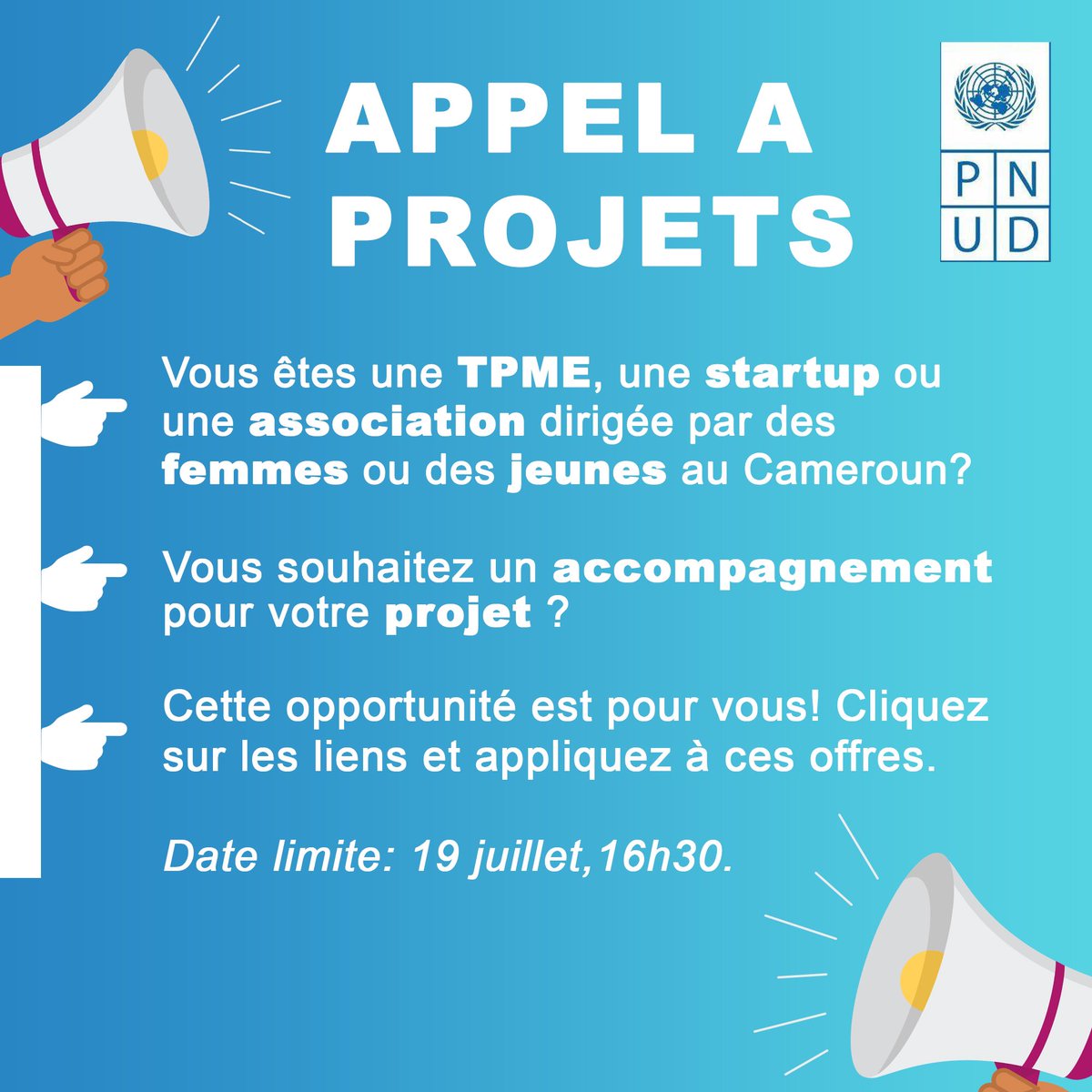 PNUDCameroun's tweet image. 🔊APPEL A PROJETS

Vous êtes TPME,  Startup ou Association dirigée par des femmes/jeunes🇨🇲?

Souhaitez-vous un soutien pour votre projet?

✅Cette opportunité est pour vous!

Cliquez le lien+postuler avant 19 juillet

Jeunes undp.org/fr/cameroon/pu…

Femmes undp.org/fr/cameroon/pu…