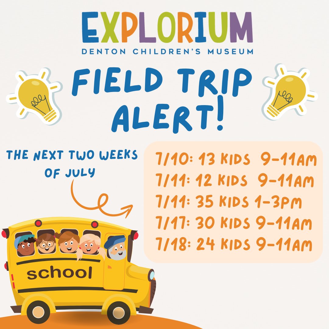 exploriumdenton's tweet photo. Field Trips Galore!🌟 We have some big field trips coming, so if your little one prefers a quieter playtime plan accordingly!

#feildtrip #exploriumdenton #dentonkids https://t.co/yCJa2lRKp6