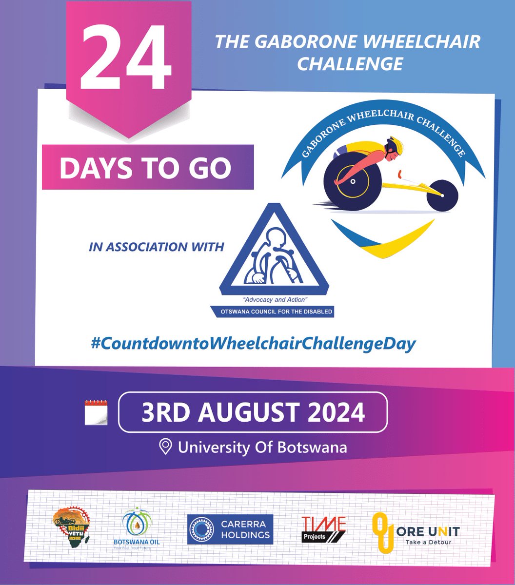 BCDNGO's tweet photo. Count down is on!!!
Have you registered already? If you haven't registered contact BCD Public Relations Office +267 397 3599/72894216 (whatsapp), email pubrelations@bcd.org.bw.

Follow Gaborone Wheelchair Challenge Facebook Page for more updates.
https://t.co/fA22B6t8ih https://t.co/Gg9uTnoyag