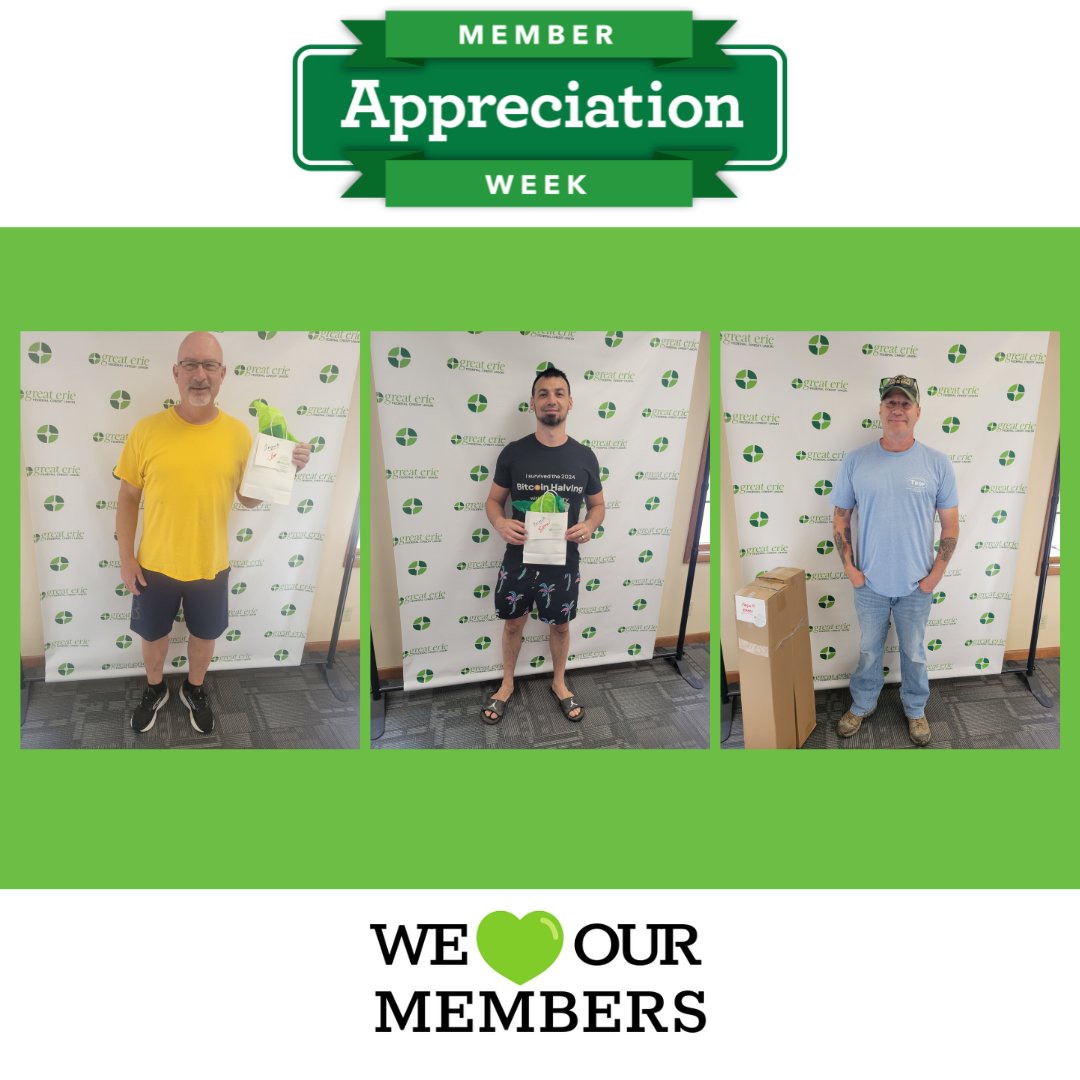 🎉 Congrats to some of our amazing prize winners from Member Appreciation Week!

We're thrilled to celebrate YOU and thank you for being a valued part of the Great Erie FCU family.
Stay tuned for more exciting events and giveaways. 💚
#MemberAppreciation #WinnersCircle