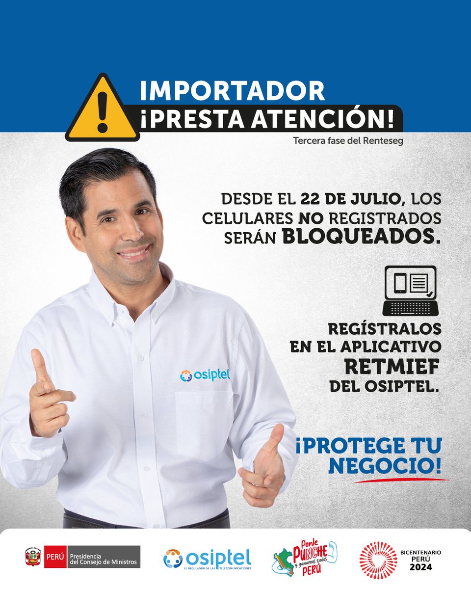 OSIPTEL's tweet photo. #ATENCIÓN 🚨 ¿Eres importador?
No olvides registrar los equipos móviles que ingresen al país en la lista de #CelularesVálidos para evitar bloqueos. ¡Comercializa sin problemas!
Regístralos usando el sistema RETMIEF ➡ https://t.co/3QrEedaiu2
#CompraInformado. ➡️ https://t.co/y7rzYUZuLi