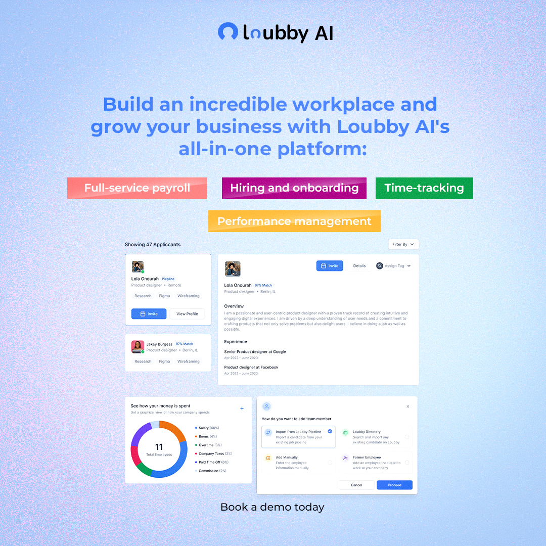 Transform the way hire talent and  manage your  workforce with our seamless and efficient solutions.

Join the future of work at loubby.ai and optimize your operations today🚀

#loubbyai #hrtech #futureofwork #payroll #hiring #talentmanagement