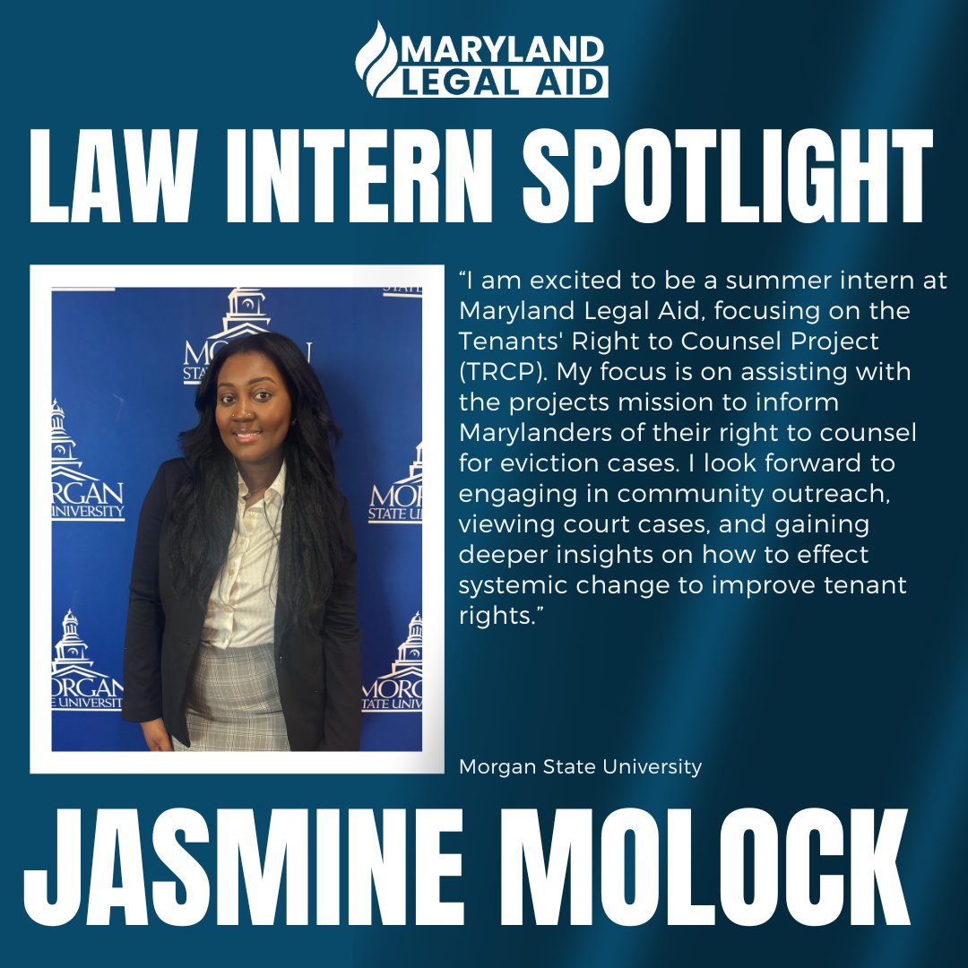 MDLegalAid's tweet photo. We are thrilled to have Jasmine Molock as our Law Intern this summer at Maryland Legal Aid! 🎉 Jasmine's passion for justice and dedication to serving our community will be invaluable as we work together to make a positive impact. #lawintern #summerinternship https://t.co/QEr8ODPSjR