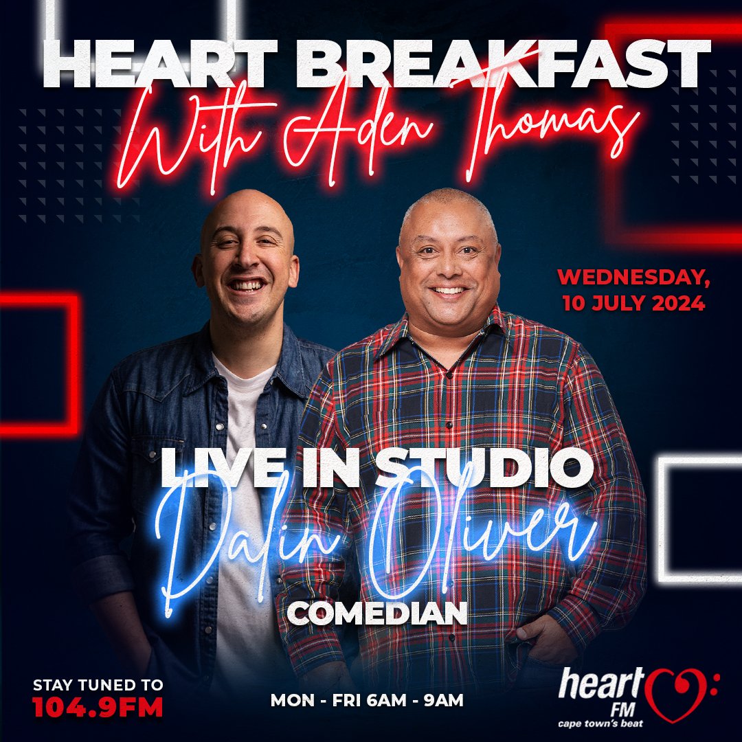 Heart1049FM's tweet photo. Check this out! The award-winning, side-splittingly funny Capetonian comedian Dalin Oliver joins the Heart Breakfast Team ahead of his European comedy tour in July and August! Tune in tomorrow just after 8 AM! Don’t miss it! @dalinoliver #HeartBreakfast https://t.co/YHTF0ynCHr