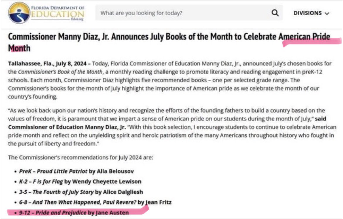 PearlOHS's tweet photo. Welcome to Florida, where the Education Commissioner thinks Pride and Prejudice is about "the unyielding spirit and heroic patriotism of the many Americans throughout history" https://t.co/IQJl5u1xIR https://t.co/rhUTSMADEC