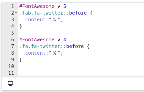 JoomReem's tweet image. Struggling to update the Twitter bird icon to the new X icon with an older FontAwesome version? Just use the  simple CSS rule in the attached screenshot! 
Keep your design modern without upgrading the entire library. Happy coding! 💻✨ #WebDev #CSS #FontAwesome #CodingTips