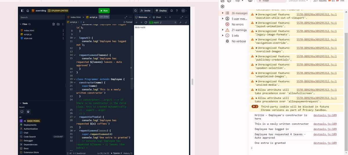 ch02425's tweet photo. Day 31 JS with
@codewithharry 
Today, I explored the extends keyword for inheritance in JavaScript and deepened my understanding of constructors. This knowledge will significantly boost my ability to build robust applications. #CodeNewbie #JavaScript #Inheritance #Constructor https://t.co/o70rjjXONX