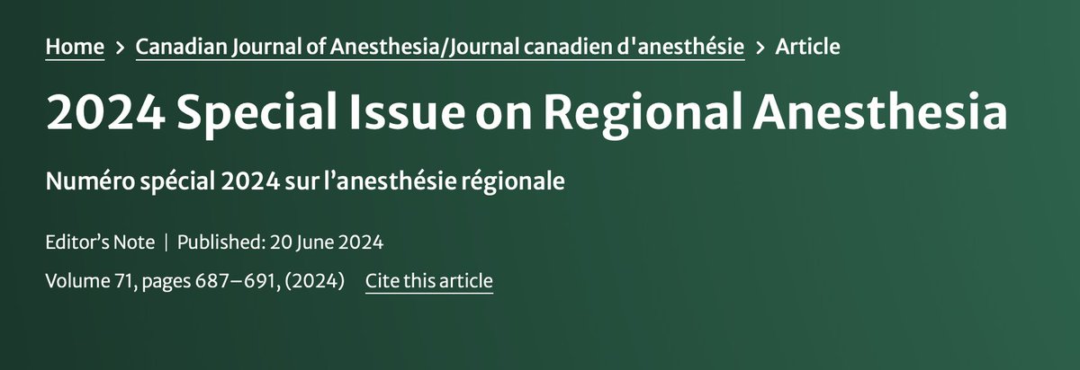 Dr. Vishal Uppal MBBS, FRCA 🇨🇦🇮🇳🏴 (@ropivacaine) on Twitter photo 📢 Here is the link to the much-awaited 2024 Special Issue on #RegionalAnesthesia!
🙏🩺 Thanks to all contributing <a href="/CJA_Journal/">CJA - Canadian Journal of Anesthesia</a> authors, EIC <a href="/StephanKSchwarz/">Stephan Schwarz</a>, <a href="/pmgjones/">Philip Jones</a> & <a href="/CASUpdate/">Canadian Anesthesiologists' Society</a>
🎉We will continue to add RA articles to the CJA topical collection📚
✨link.springer.com/journal/12630/… 📢 Here is the link to the much-awaited 2024 Special Issue on #RegionalAnesthesia!
🙏🩺 Thanks to all contributing <a href="/CJA_Journal/">CJA - Canadian Journal of Anesthesia</a> authors, EIC <a href="/StephanKSchwarz/">Stephan Schwarz</a>, <a href="/pmgjones/">Philip Jones</a> & <a href="/CASUpdate/">Canadian Anesthesiologists' Society</a>
🎉We will continue to add RA articles to the CJA topical collection📚
✨link.springer.com/journal/12630/…
