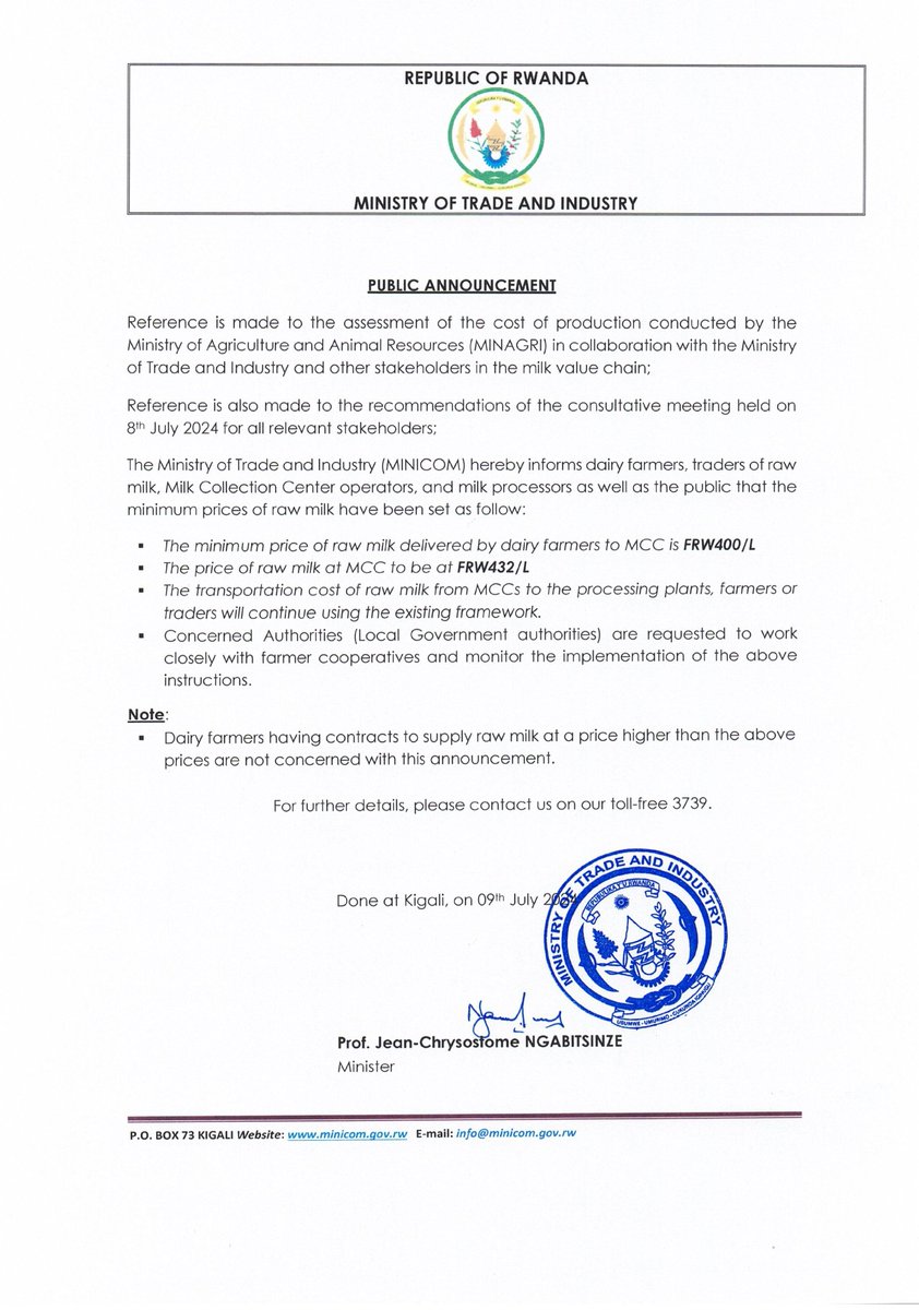 Itangazo ryo kumenyesha ibiciro by'amata | Announcement of the price of raw milk.