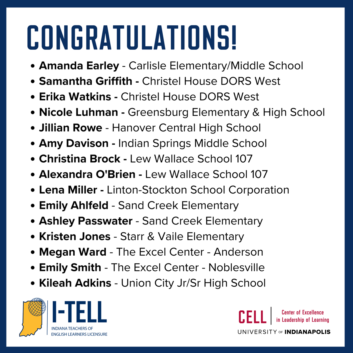 CELLuindy's tweet photo. Congratulations to these teachers who completed coursework through CELL’s #ITELL initiative to earn ENL licensure and become teachers of record for English learners! Learn more at https://t.co/KSnbPfz5pm
@EducateIN @CHDORS @TheExcelCenter @GCCSC_Super @HSESchools @hcsc219 @IPSSchools @RandolphEastern @wearrrichmond @SWESTSCHOOLS @WCCS_Eagles