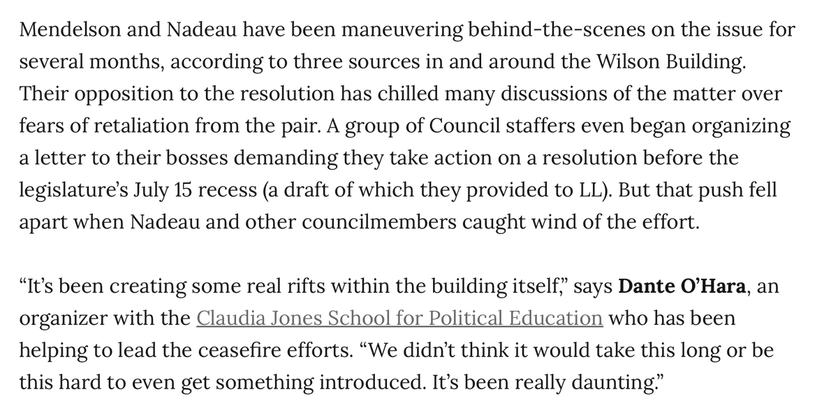 New: The push for a Council resolution urging a ceasefire in Gaza is roiling the Wilson Building. 

Activists and even Council staffers are demanding action. Some CMs want to move forward, but staunch opposition from Nadeau/Mendelson has made this ugly:
washingtoncitypaper.com/article/741859…