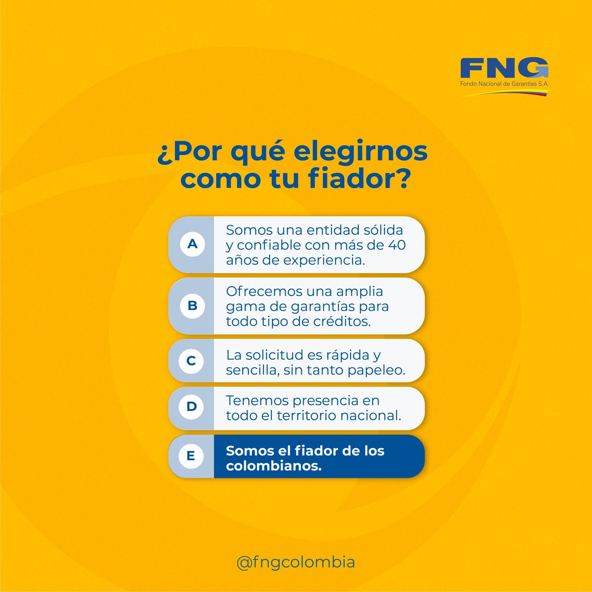 FNGSA's tweet photo. ¿Por qué elegir FNG como tu fiador? 🤷‍♂️

Porque somos el aliado que te impulsa a alcanzar tus metas, brindándote el respaldo y la asesoría que necesitas para lograr tus sueños.

#FNGColombia #GarantiasColombia #EmprendimientoColombia #PymesColombia https://t.co/x1J6wXnzY2