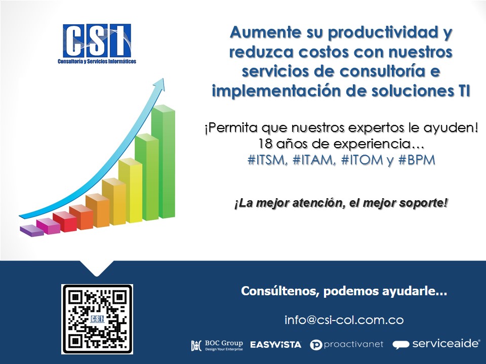 csi_col's tweet photo. Aumente su productividad y reduzca costos con nuestros servicios de consultoría e implementación de soluciones TI para todo tipo de empresas… 
Consúltenos, podemos ayudarle info@csi-col.com.co #ITSM, #ITAM, #ITOM, #GestiónProcesosDeNegocio #BPM #CSICol #Consultoría https://t.co/OAVaWUUIdF