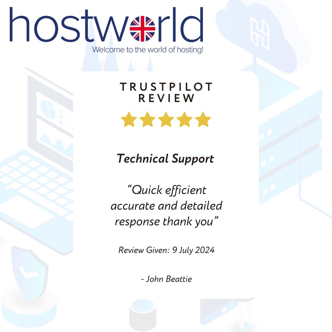 At <a href="/hostworlduk/">hostworld</a>  we do our best to get to the root of any technical support query as quickly and efficiently as possible. It was lovely of John Beattie to leave us a 5⭐️Trustpilot review today, thanking us for our tech help. 👍