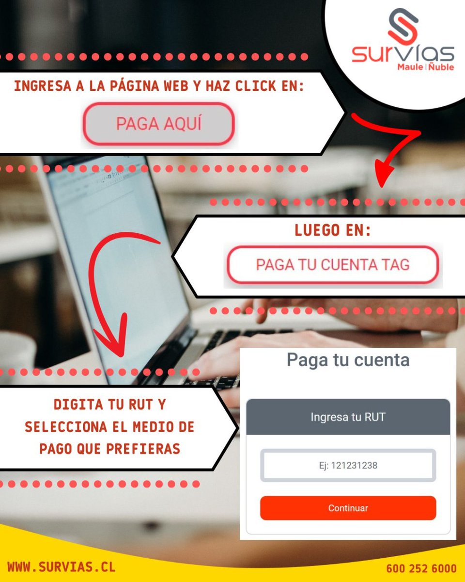 Ruta5Survias's tweet photo. Ya puedes pagar tu cuenta TAG en nuestra pรกgina web https://t.co/VADYbE9mFR, eligiendo el medio de pago que mรกs te acomode entre Servipag o Webpay @servipagonline @serochile #surviasteacompaรฑa #servipag #webpay https://t.co/mlmsfdS1Ge