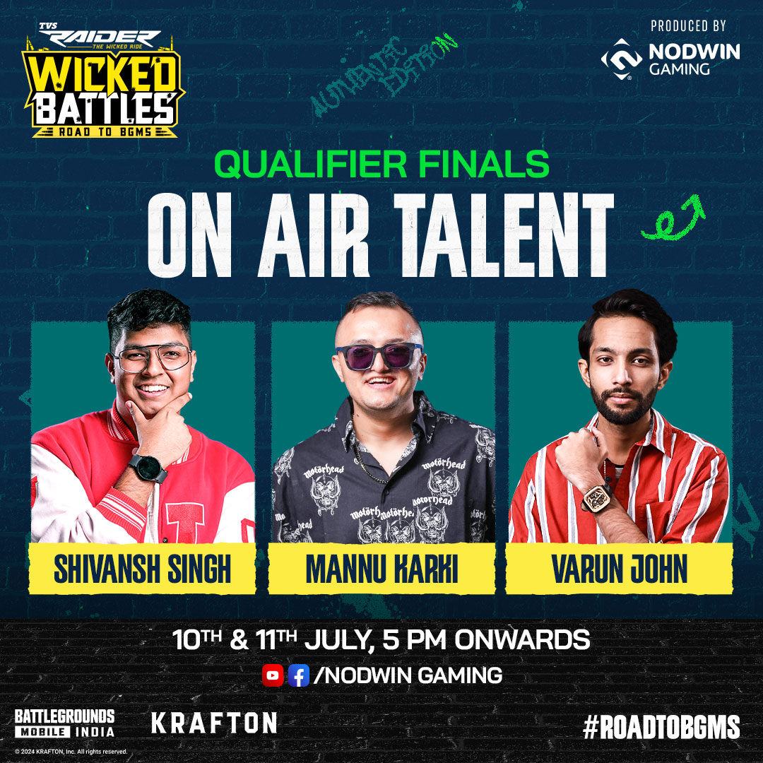NodwinGaming's tweet photo. Introducing our powerhouse trio for the TVS Wicked Battle✨ while the teams fight for 3 coveted slots on the Road to BGMS.
Catch the action LIVE 📺 July 10th-11th, starting 5pm Subscribe and follow @tvsraiderofficial @nodwingaming
#RoadToBGMS #NODWINGaming #BGMS24 #TVSWickedBattles #BattlegroundsmobileIndia #BGMS24 #BGMSS3 #BGMS