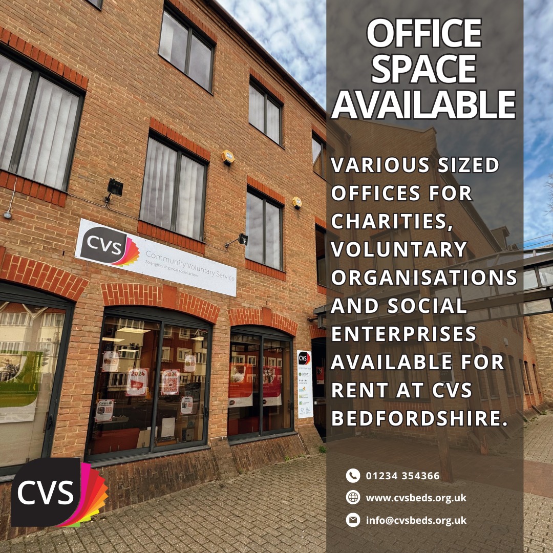 CVS in Bedfordshire (@cvsbeds) on Twitter photo Office Space available for VCSE organisations in Bedford
Please email tara@cvsbeds.org.uk with any queries. Office Space available for VCSE organisations in Bedford
Please email tara@cvsbeds.org.uk with any queries.