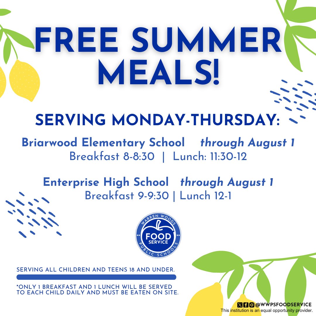 wwpsfoodservice's tweet photo. Fuel your epic summer with tasty school meals! ⛽️🥝We will be offering summer meals to all children and teens 18 and under. Enrollment at our school district is not required, so be sure to stop by!
@WarrenWoodsPS #MakeItHappenTogether #WarrenMI #WarrenMichigan #WarrenWoods https://t.co/9xPtHKwWH3