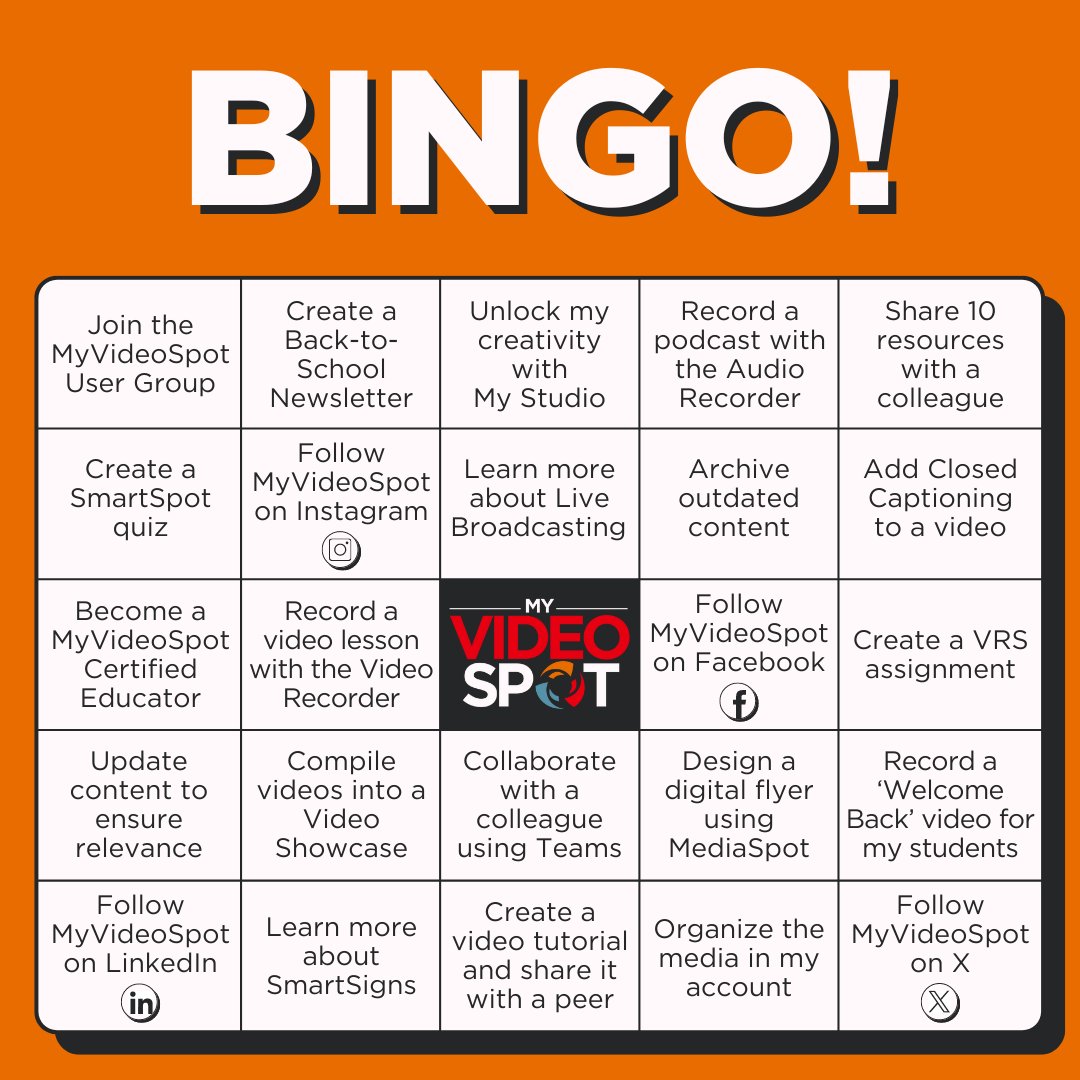Let's play BINGO! 🎮✨ How many squares can you cross off this summer?☀️ Dive in and discover new ways to engage with the #MyVideoSpotCommunity! Ready to play? 🌟
.
.
.
#MyVideoSpot #SummerFun #EdTech #EducatorCommunity #TeacherLife #ClassroomInspiration #K12Education #Education
