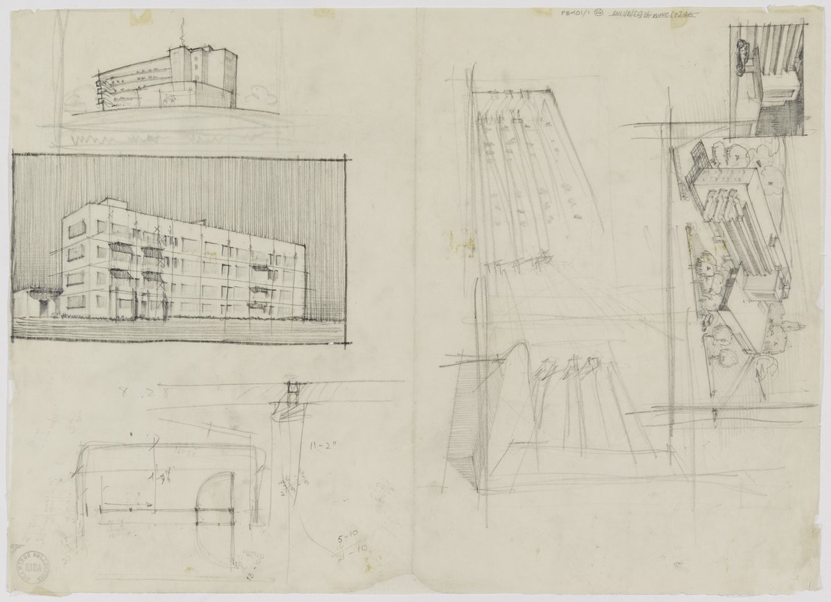 From the #RIBACollections today: perspective sketches and preliminary details for the Isokon Flats in Hampstead, London.

The flats opened 90 years ago #OnThisDay to designs by Wells Coates, and became a key site for the development of the Bauhaus movement in the UK.