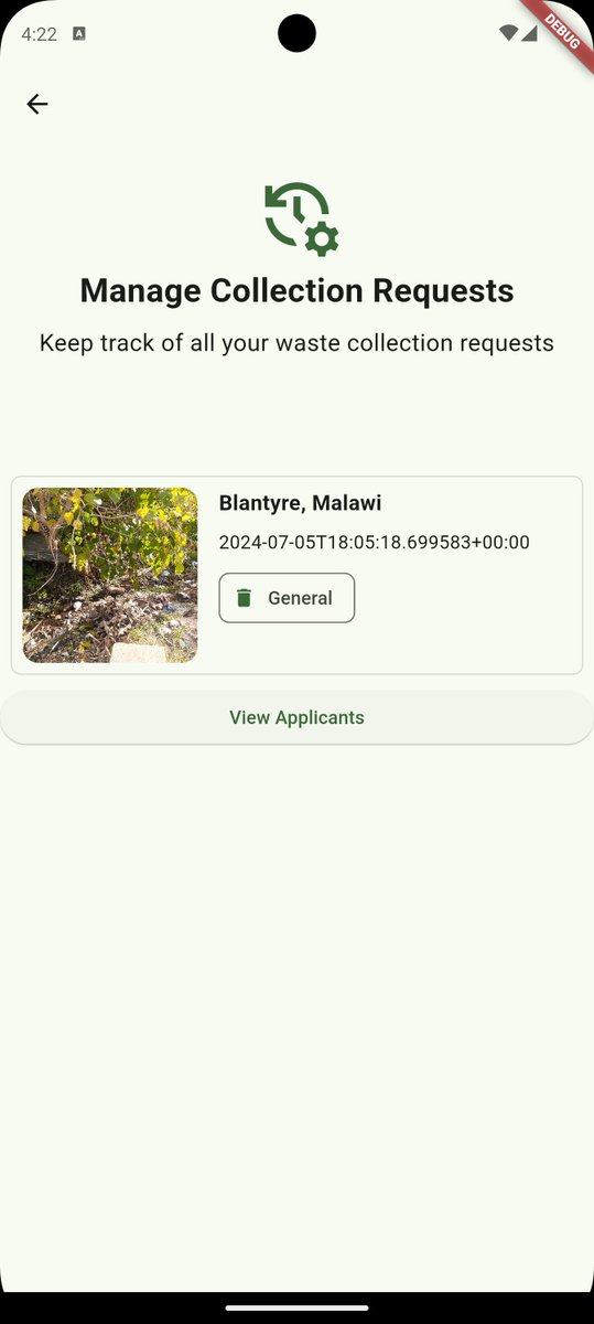 doreanbyte's tweet photo. Another Developer preview 📲 [Initial version], users are now able to view a list of waste collectors that have applied to their requests.  #DevPreview 🔧 #DoreanByte #Ecoclean #WasteManagement ♻️. Development entering  final stages⌨️ https://t.co/U1ciG8M6NV