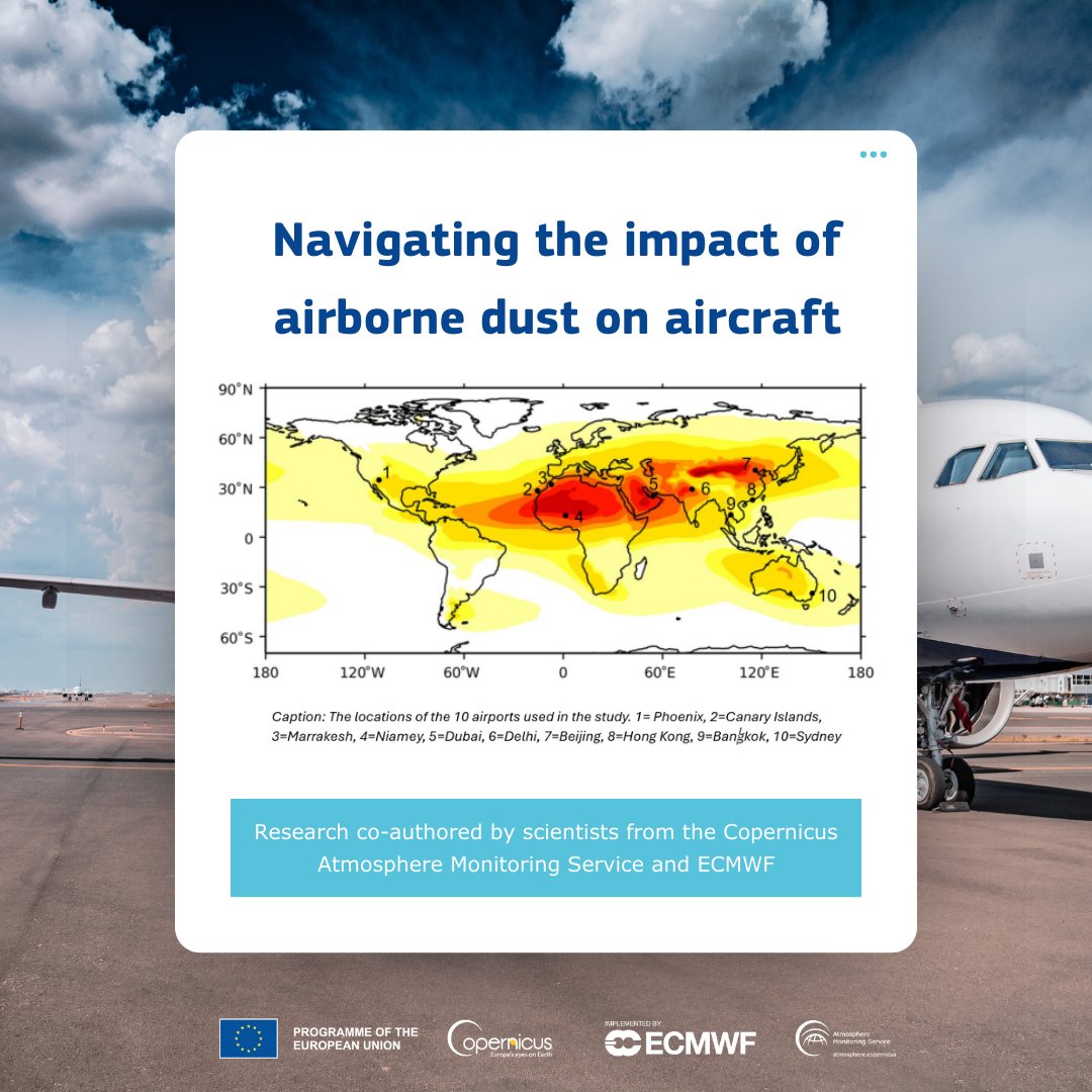 🌬️✈️New research reveals how desert dust plumes impact aircraft near the world's busiest airports.

The study published in <a href="/EGU_NHESS/">Natural Hazards and Earth System Sciences (NHESS)</a>, led by <a href="/DustyCRyder/">Dr Claire Ryder</a> <a href="/UniRdg_Met/">Reading Meteorology</a>, features data and contributions from #CopernicusAtmosphere and <a href="/ECMWF/">ECMWF</a> scientists.

▶️atmosphere.copernicus.eu/navigating-imp…