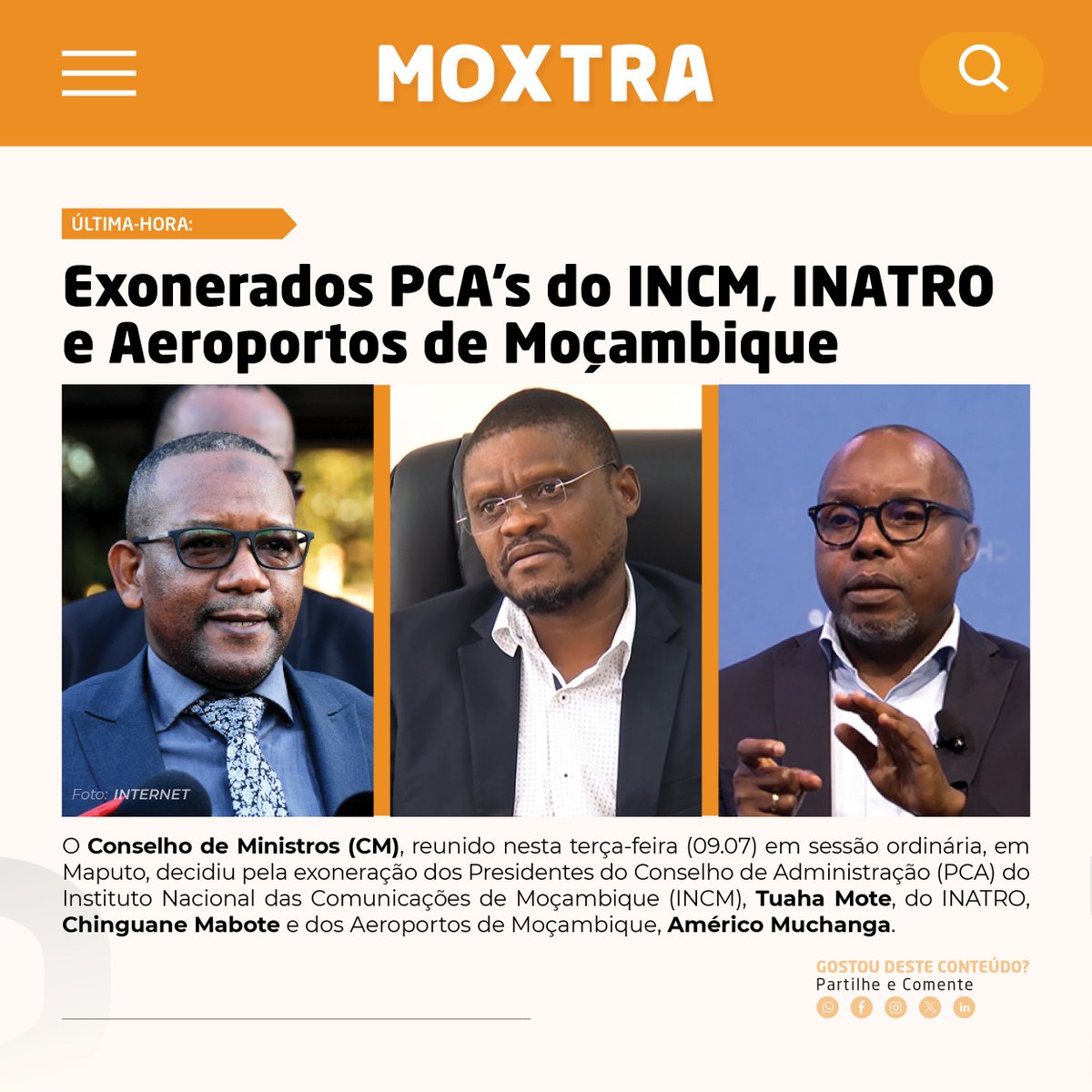 Moxtra_'s tweet photo. Última-hora:

O Conselho de Ministros (CM), reunido em sessão ordinária, decidiu pela exoneração dos PCA's do Instituto Nacional das Comunicações de Moçambique (INCM), Tuaha Mote, do INATRO, Chinguane Mabote e dos Aeroportos de Moçambique, Américo Muchanga.

#moxtra #incm #inatro https://t.co/Gn185r4RiM