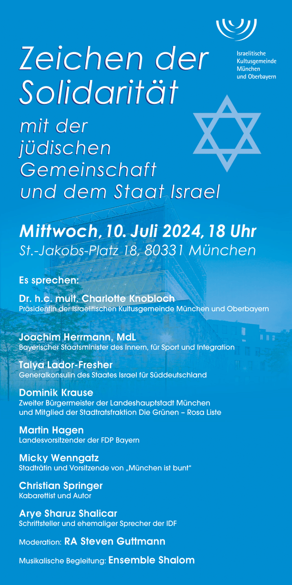 Cha_Knobloch's tweet photo. Liebe Freunde, wir bitten und wir laden ein: Am morgigen Mittwoch (10.7.) um 18 Uhr wird auf dem St.-Jakobs-Platz ein Zeichen der Solidarität mit der jüdischen Gemeinschaft und dem Staat Israel gesetzt. Wir freuen uns über jeden, der dafür und gegen Angst und Hetze Gesicht zeigt! https://t.co/uZmi4nSdFh