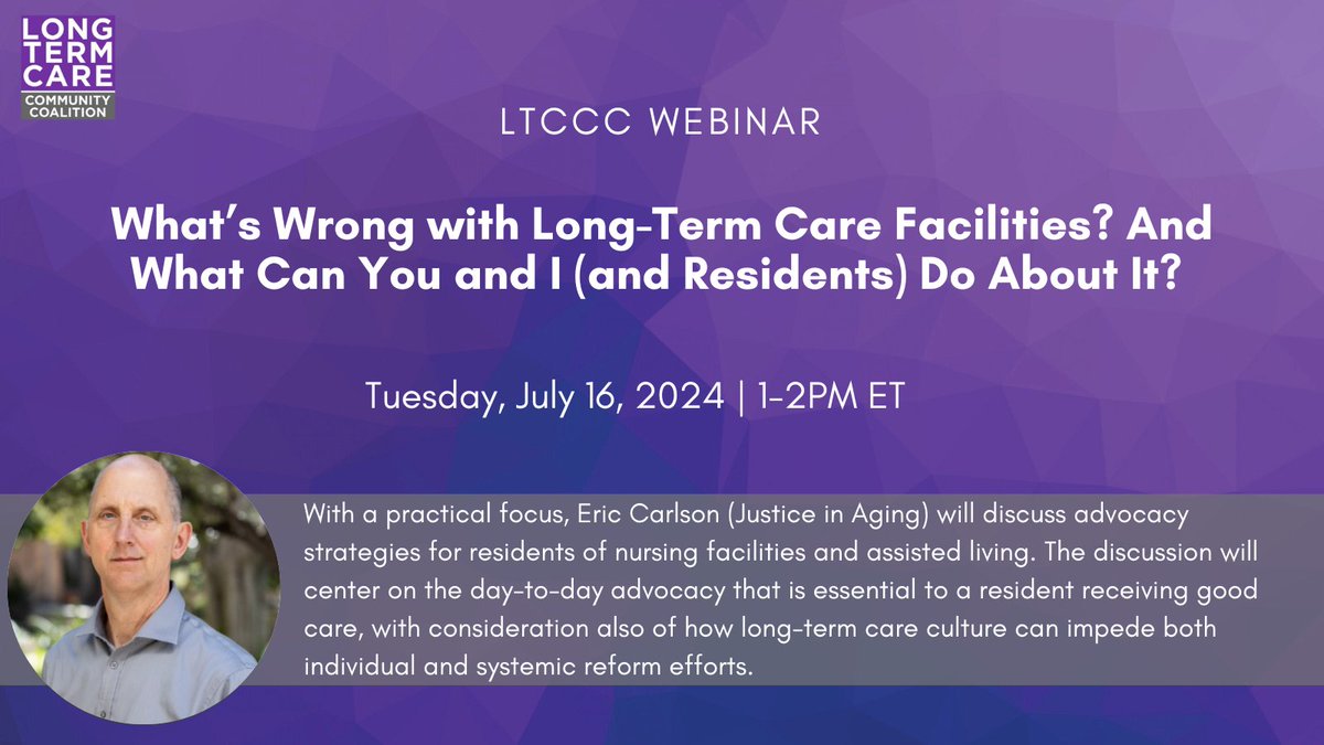 LTCconsumer's tweet photo. Eric Carlson (@justiceinaging) will discuss advocacy strategies for LTC residents. The discussion centers on the day-to-day advocacy that is essential to a resident receiving good care, w/ consideration also of how LTC culture can impede both individual &amp; systemic reform efforts. https://t.co/KR6tKMK6XG