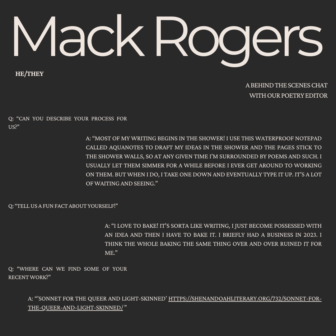 ZERO READERS - SUBS CLOSED (@zeroreadersmag) on Twitter photo Next up, let's get to know our very own Mack Rogers ( <a href="/mackrogers_/">mack rogers</a> ) (He/They)! If you want to see more Mack, keep an eye on Patreon and check out their piece "Sonnet for the Queer and Light-Skinned" here: shenandoahliterary.org/732/sonnet-for… Next up, let's get to know our very own Mack Rogers ( <a href="/mackrogers_/">mack rogers</a> ) (He/They)! If you want to see more Mack, keep an eye on Patreon and check out their piece "Sonnet for the Queer and Light-Skinned" here: shenandoahliterary.org/732/sonnet-for…