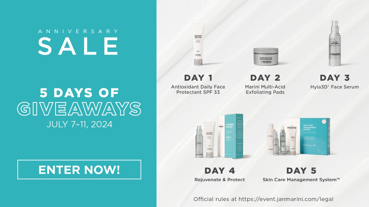 MSkinSolutions's tweet photo. Our Annual Anniversary Sale is July 12th-21th! To kick things off, we’re hosting a #GIVEAWAY July 7th-11th! 5 winners will be selected each day to win award-winning skincare! To enter, visit: https://t.co/r8BzelMgdx *See official rules for details. https://t.co/WE48T34WuH