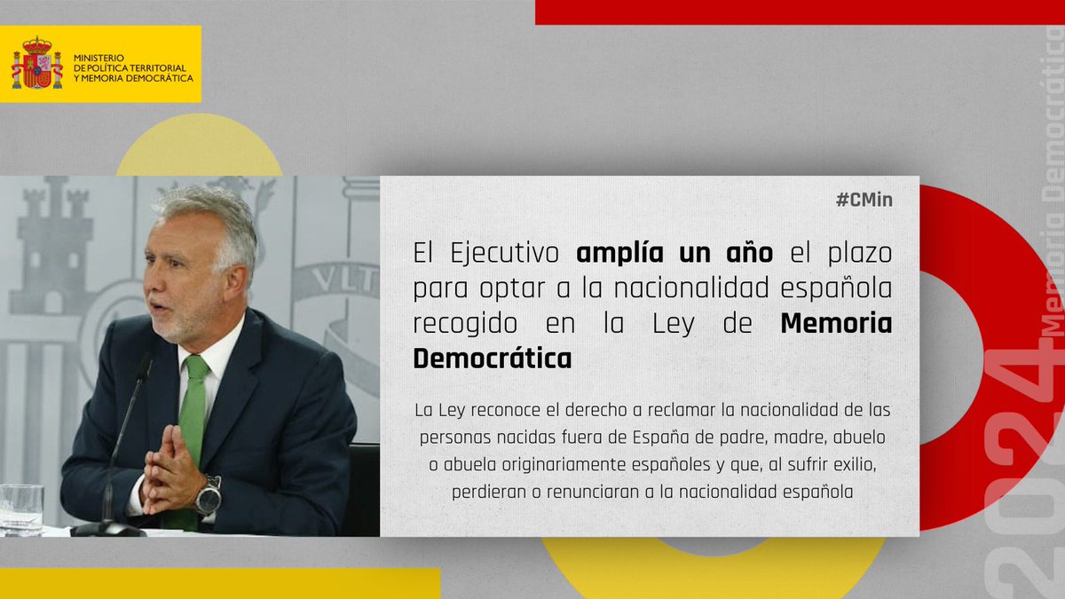 SE_MemoDemo's tweet photo. El Gobierno de España amplía un año el plazo para optar a la nacionalidad española recogido en la Ley de Memoria Democrática para descendientes de exiliados

Más ℹ️https://t.co/fIgJiEbKye https://t.co/miHPF9jac9