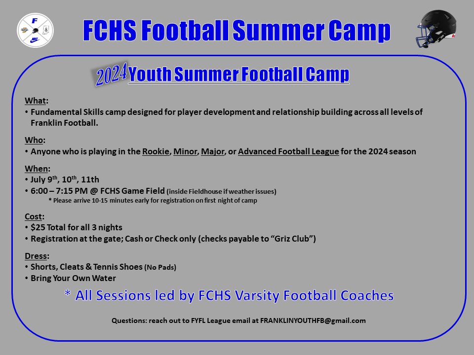 Youth Players! Reminder that tonight is the first night of our Summer Youth Camp. Be sure to take advantage of this football development opportunity! We will be inside Fieldhouse if weather is an issue. Walk-up registration only.