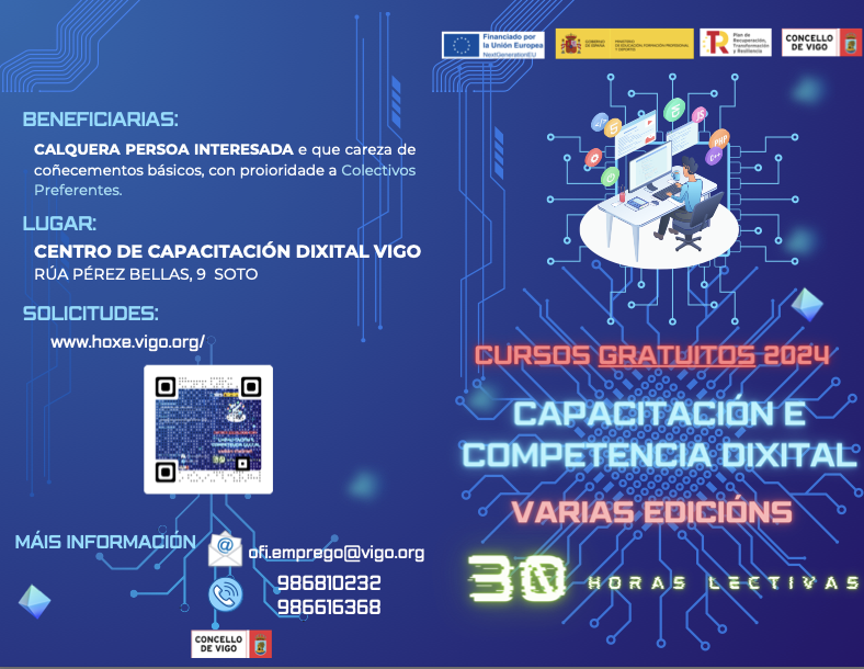 CMEmpregoVigo's tweet photo. Convocamos cursos de competencia e capacitación dixital:

👉1ª edición do 29 de xullo ó 5 de agosto
👉2ª do 21 ó 28 de agosto.

De 09:00 a 14:00 na aula que temos en Arquitecto Pérez Bellas 9.

Info no díptico e solicitude no QR ou na web municipal: https://t.co/YHFrsvcs2i https://t.co/QmgLyjHpEF